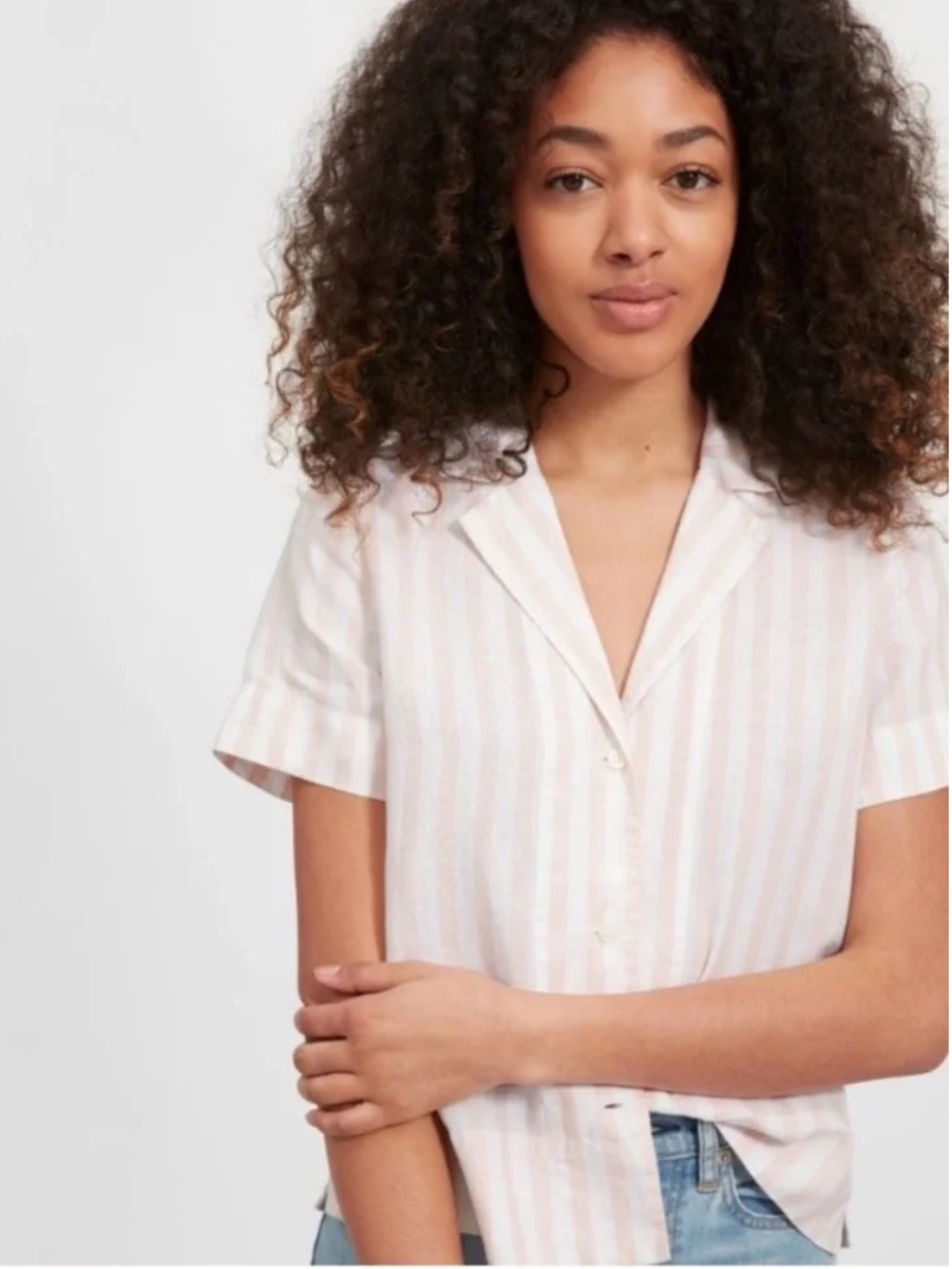 Everlane Pink and White Striped Buttondown Short Sleeve The Linen Notch Shirt